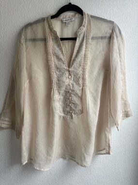 Coldwater Creek Sheer Lace-Front Cream Blouse SZ M